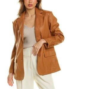 Women's Size L Avec Les Files Cognac Camel Faux Leather Jacket Blazer